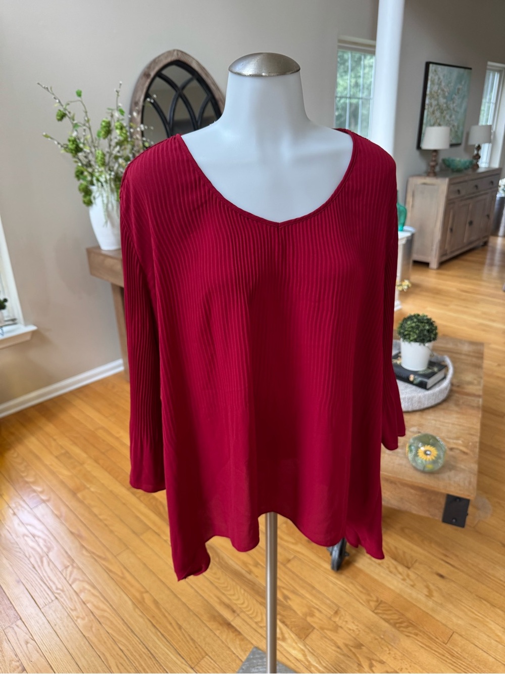 Sami & Jo Red Pleated V-Neck Top Womans Shirt